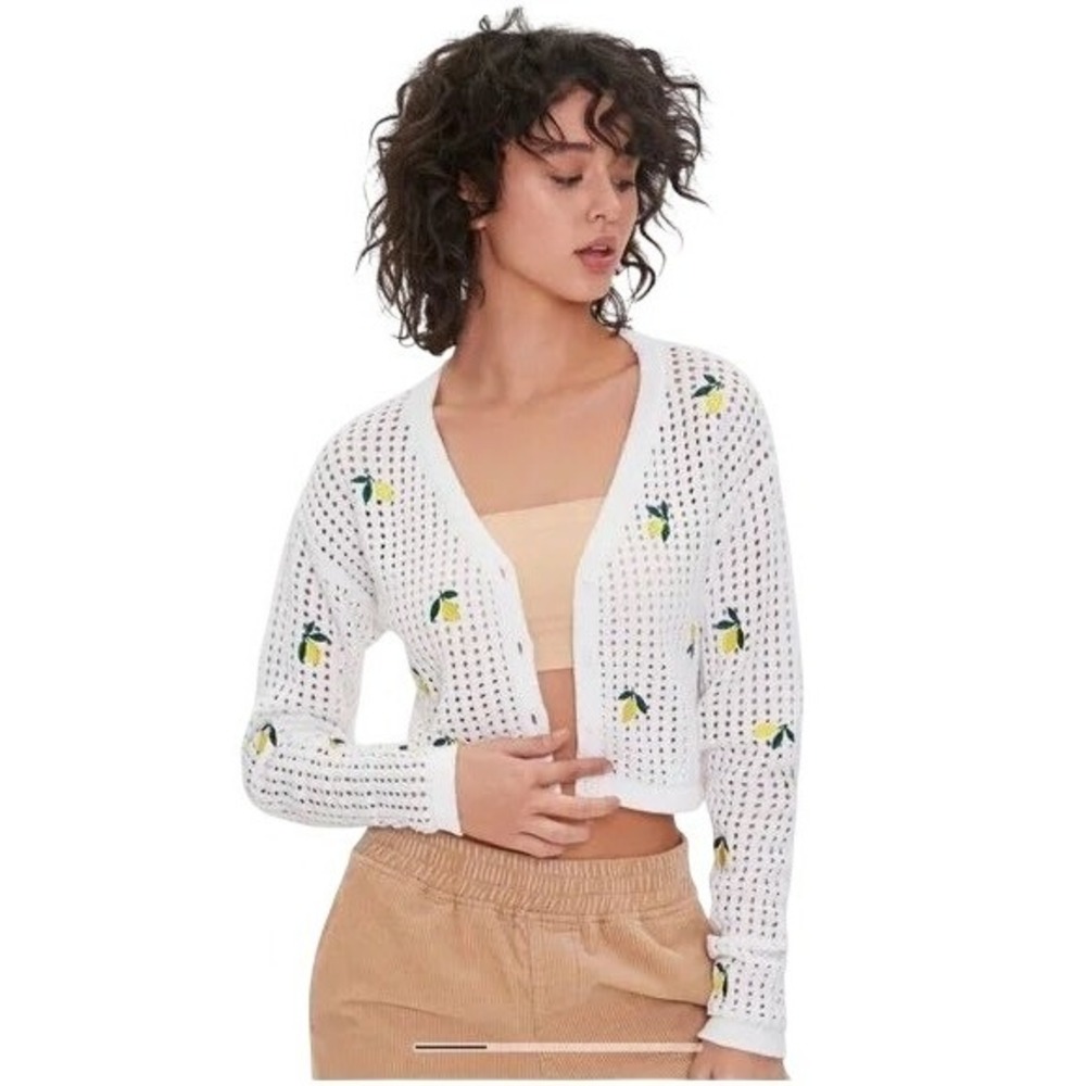 Forever 21 Lemon Embroidered Pointelle Cardigan Womens 2X White NWT Boho Sweater